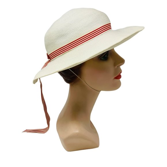 Vintage 1950s Sun Hat White Red Striped Ribbon Chin Strap Bonwit Teller Dapper main image 6
